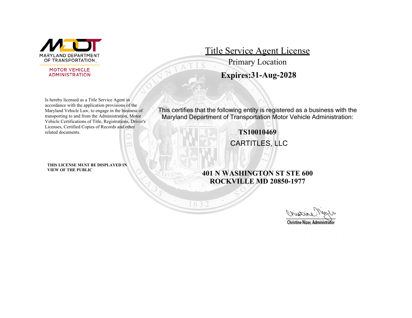 Maryland Title Service Agent License issued to CARTITLES, LLC, license TS10010469, expires August 31, 2028.